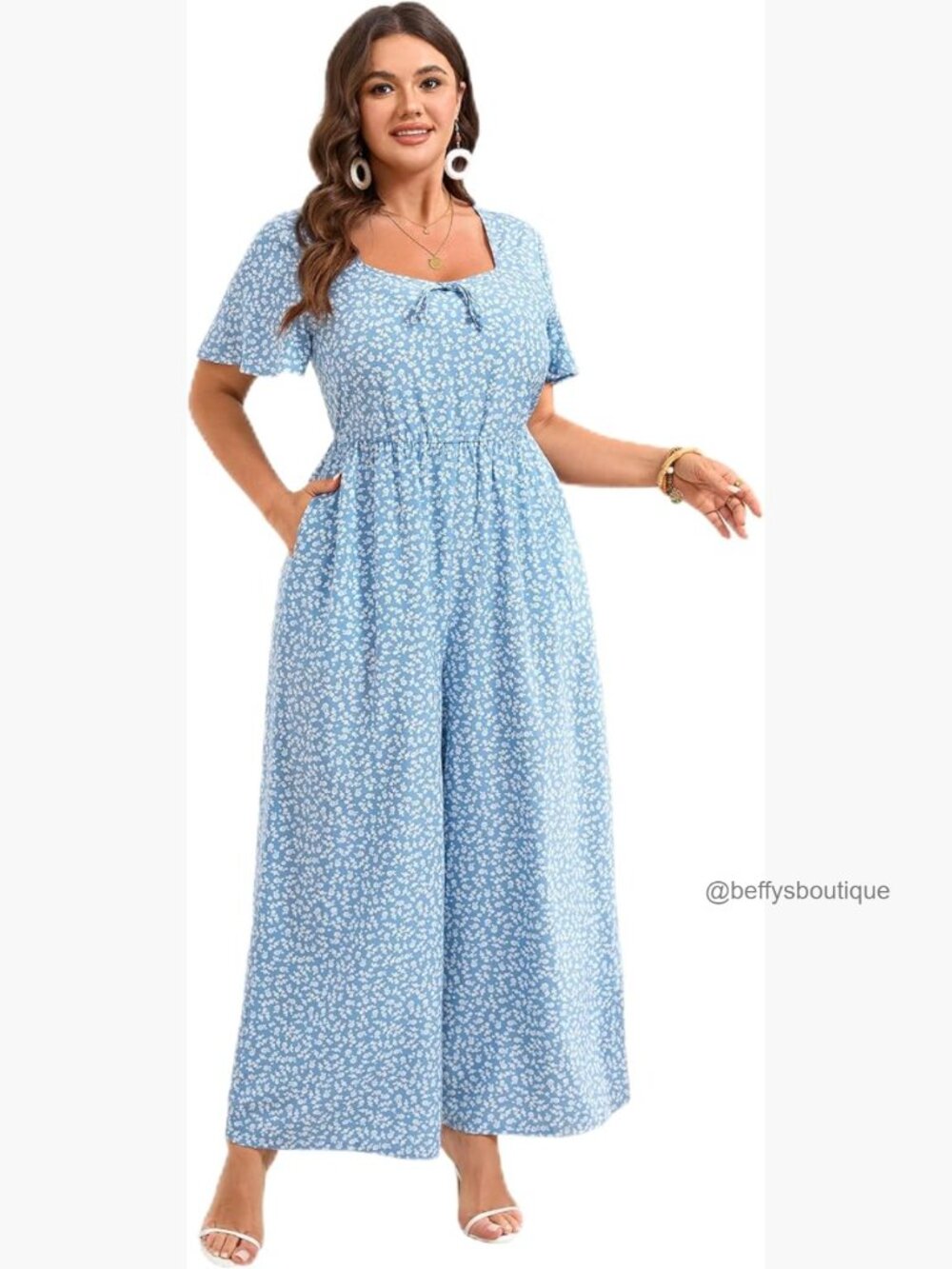 Plus Size Long Pant Jumpsuit Ruffle Short Sleeve Square Neck Romper